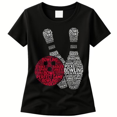 Phonetic Alphabet Bowling Pin Word Cloud Funny Bowling Womens T-Shirt