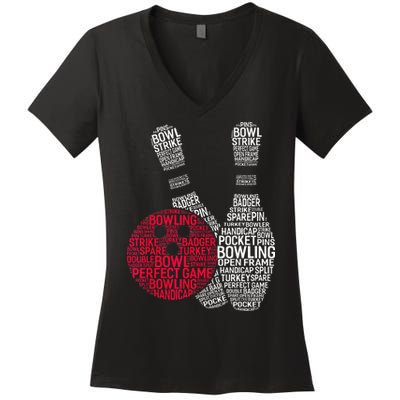 Phonetic Alphabet Bowling Pin Word Cloud Funny Bowling Women's V-Neck T-Shirt
