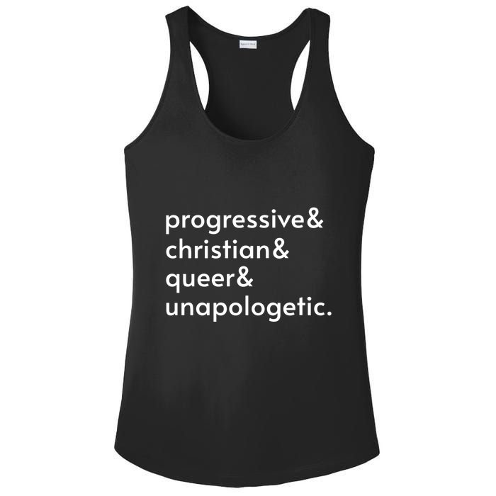 Progressive And Christian And Queer And Unapologetic Ladies PosiCharge Competitor Racerback Tank