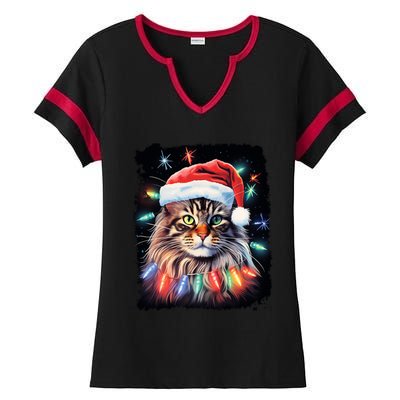 Pop Art Christmas Decoration Maine Coon Cat Gift Ladies Halftime Notch Neck Tee