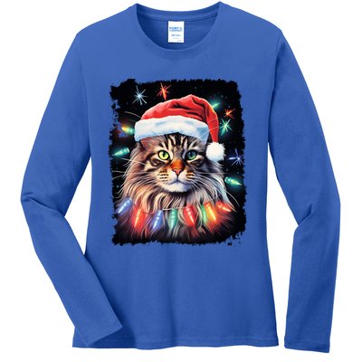 Pop Art Christmas Decoration Maine Coon Cat Gift Ladies Long Sleeve Shirt