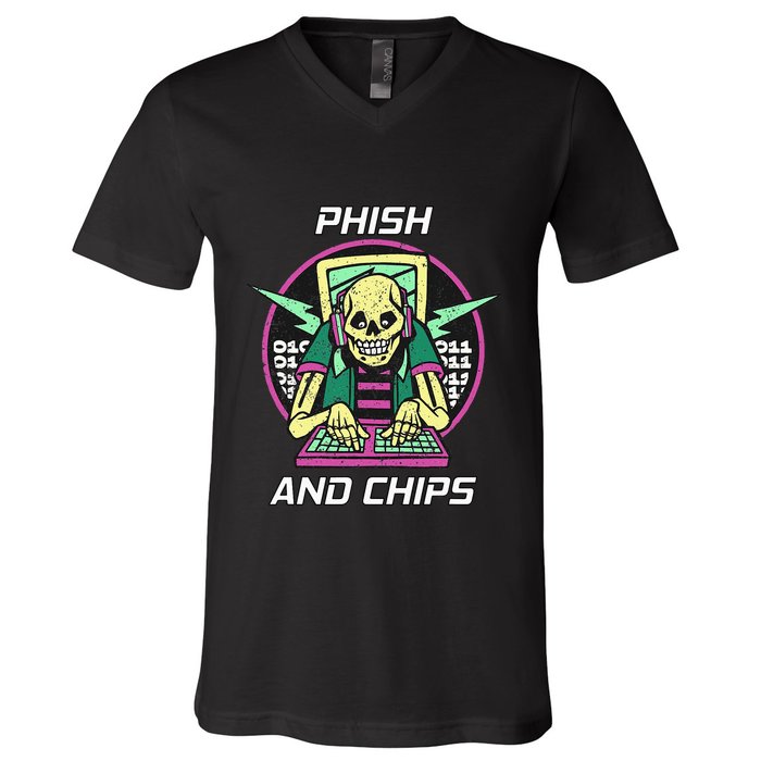 P.H.I.S.H And Chips Funny Hacker V-Neck T-Shirt