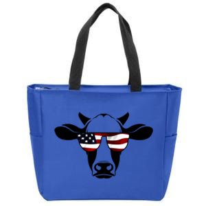 Patriotic American Cow Flag Glasses Farm Gift / Rodeo Funny Gift Zip Tote Bag