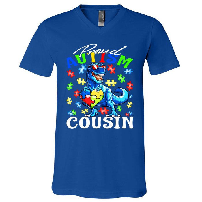 Proud Autism Cousin Dinosaur Autism Awareness Funny Gift V-Neck T-Shirt