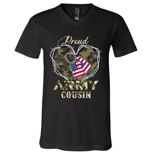 Proud Army Cousin With Heart American Flag For Veteran V-Neck T-Shirt