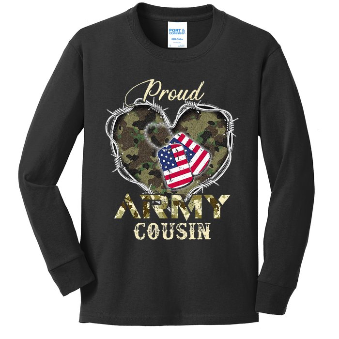 Proud Army Cousin With Heart American Flag For Veteran Kids Long Sleeve Shirt