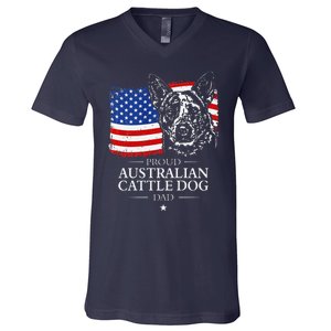 Proud Australian Cattle Dog Dad American Flag Patriotic Dog V-Neck T-Shirt