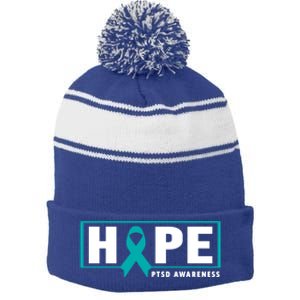 Ptsd Awareness Cute Gift Funny Gift Teal Ribbon Hope Ptsd Awareness Cute Gift Stripe Pom Pom Beanie