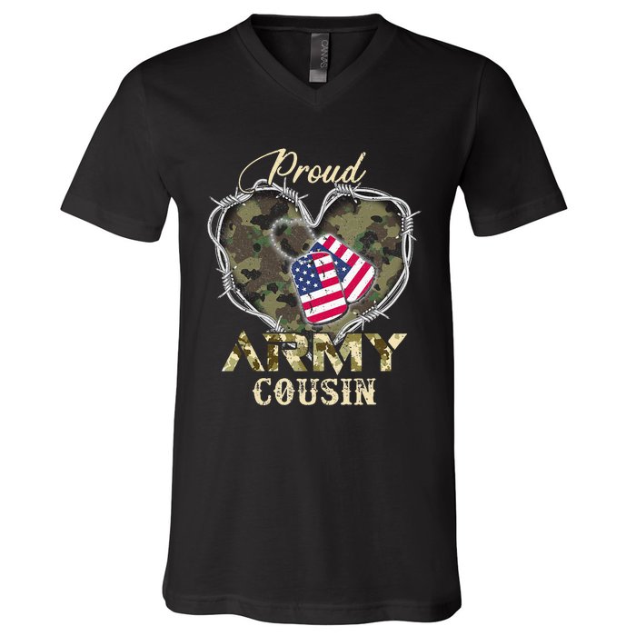 Proud Army Cousin With Heart American Flag For Veteran V-Neck T-Shirt