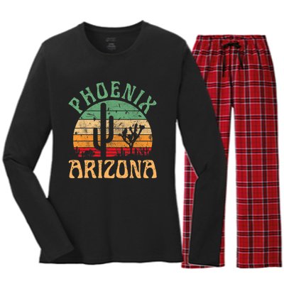 Phoenix Arizona Desert Cactus Retro Sunset Outdoors Retro Women's Long Sleeve Flannel Pajama Set 