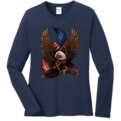 Patriotic American Design With Eagle And Flag Ladies Long Sleeve Shirt