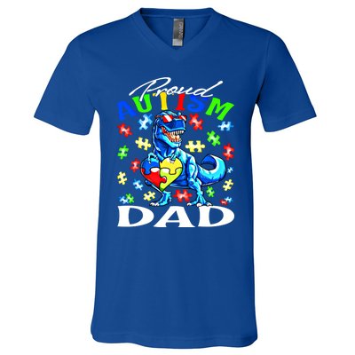 Proud Autism Dad Dinosaur Autism Awareness Gift V-Neck T-Shirt