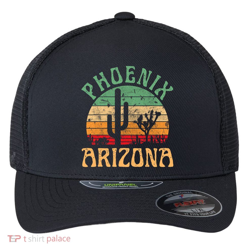 Phoenix Arizona Desert Cactus Retro Sunset Outdoors Retro Flexfit Unipanel Trucker Cap