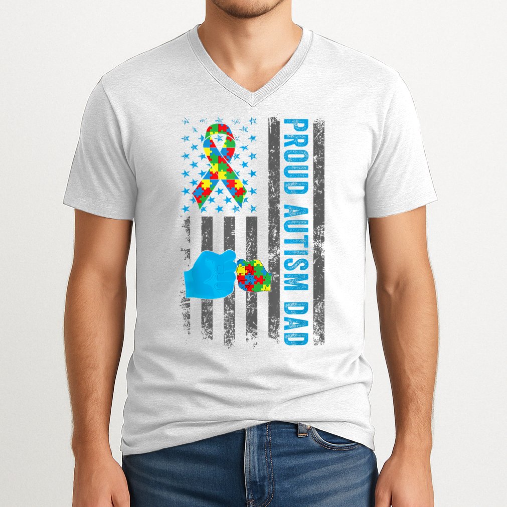 Proud Autism Dad American Flag USA Autism Awareness Dad  V-Neck T-Shirt