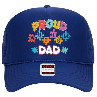 Proud Autism Dad Puzzle Autism Awareness Month Funny Family Gift High Crown Mesh Back Trucker Hat