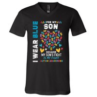 Proud Autistic Dad, I Wear Blue For My Son Autism Awareness V-Neck T-Shirt