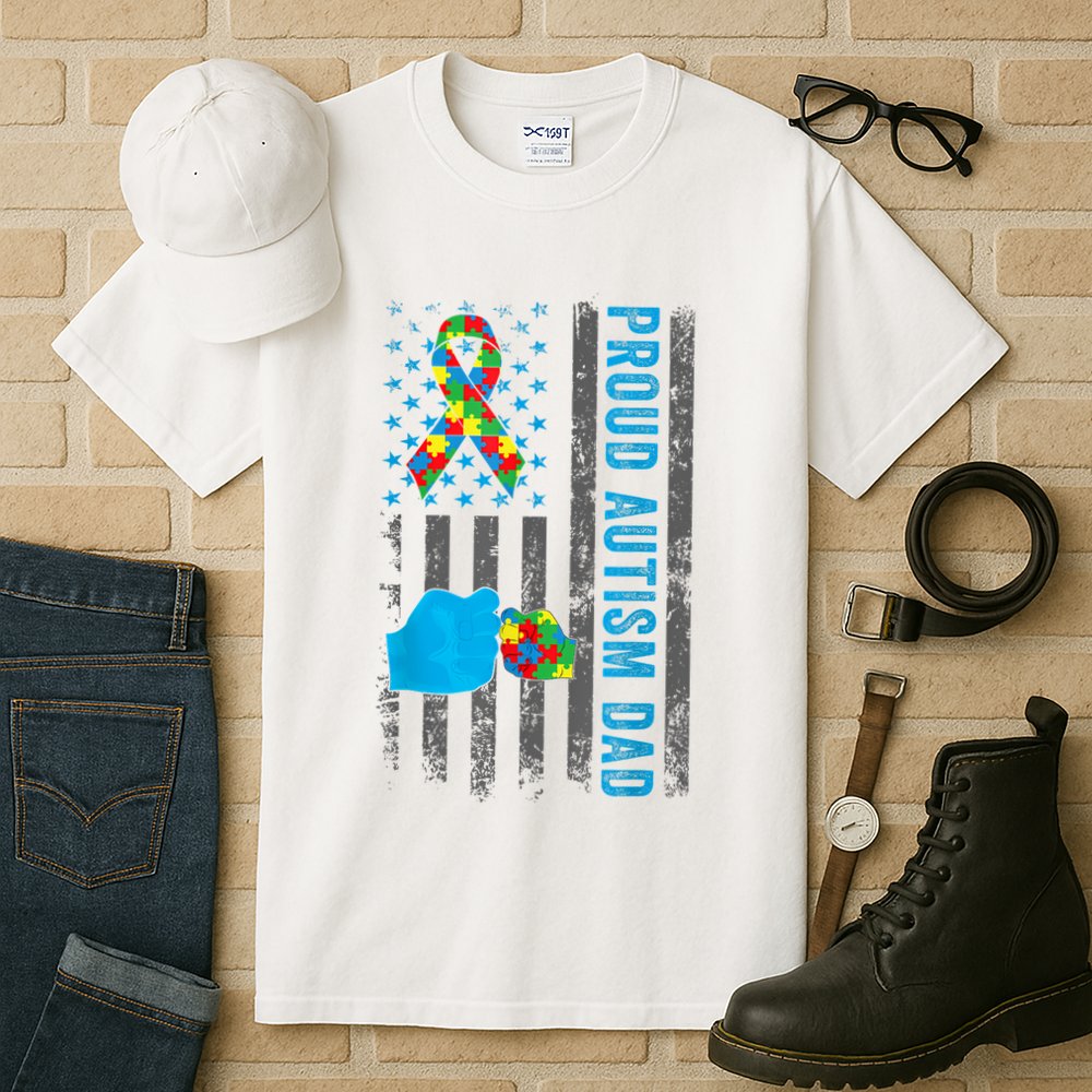 Proud Autism Dad American Flag USA Autism Awareness Dad  Tall T-Shirt