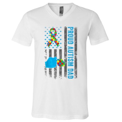 Proud Autism Dad American Flag USA Autism Awareness Dad  V-Neck T-Shirt