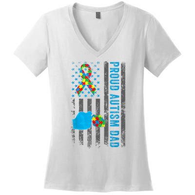 Proud Autism Dad American Flag USA Autism Awareness Dad  Women's V-Neck T-Shirt