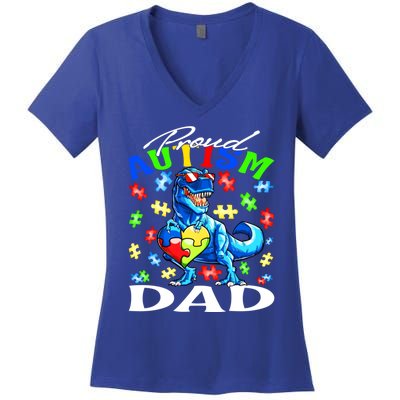 Proud Autism Dad Dinosaur Autism Awareness Gift Women's V-Neck T-Shirt