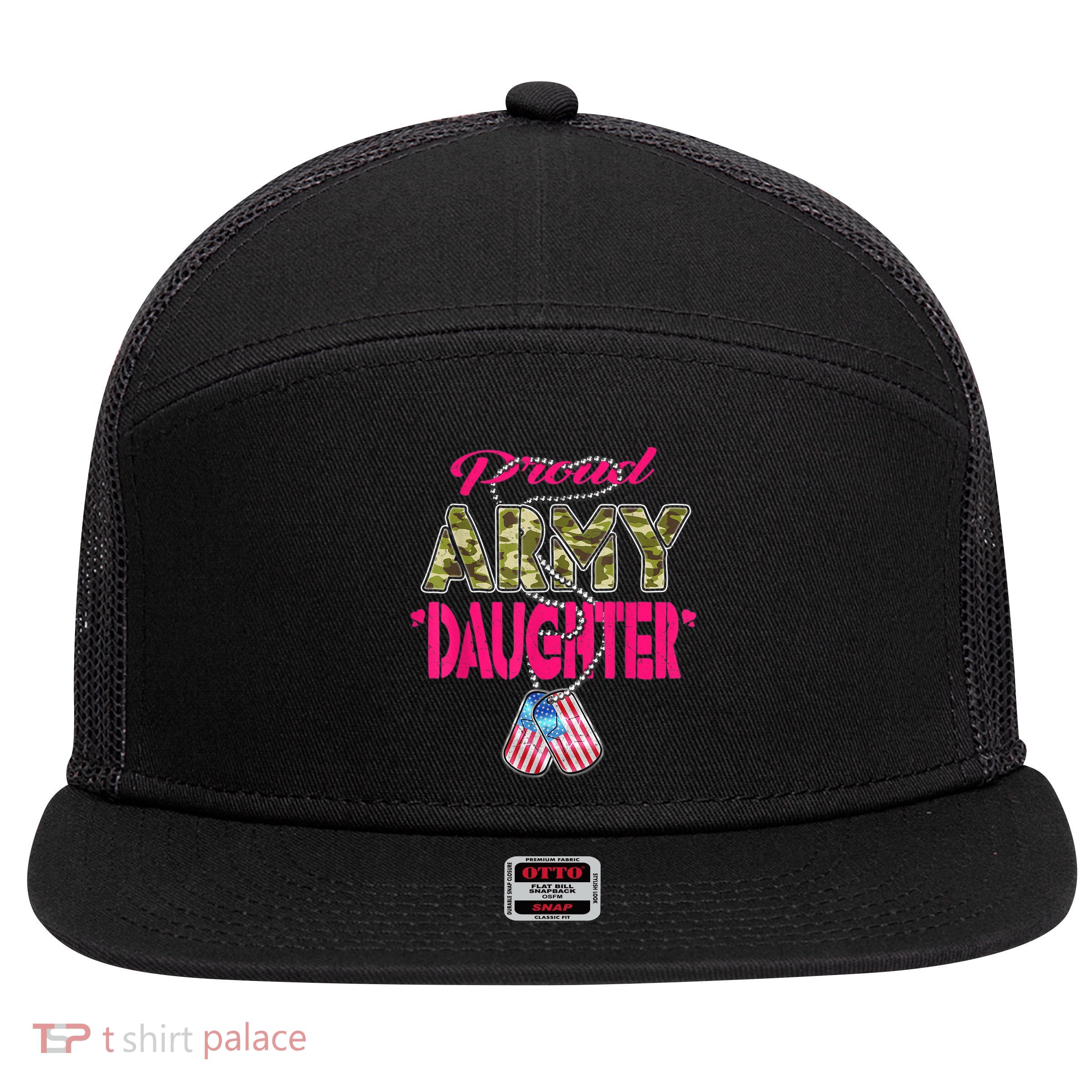 Proud Army Daughter US Flag Camo Dog Tags Gift For Military Child 7 Panel Mesh Trucker Snapback Hat
