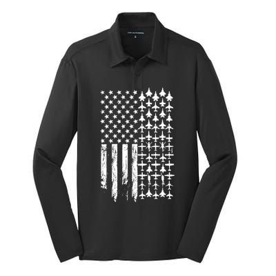 Pilot Airplane Distress American Flag Plane Of Aviation Crew Gift Silk Touch Performance Long Sleeve Polo