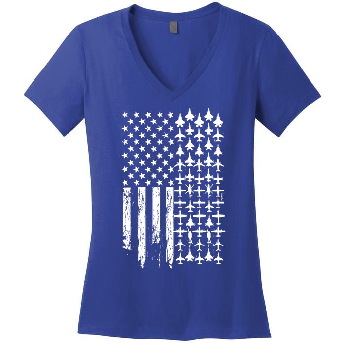 Pilot Airplane Distress American Flag Plane Of Aviation Crew Gift Women's V-Neck T-Shirt