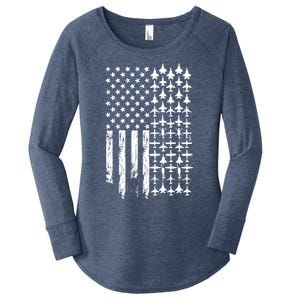 Pilot Airplane Distress American Flag Plane Of Aviation Crew Gift Women's Perfect Tri Tunic Long Sleeve Shirt