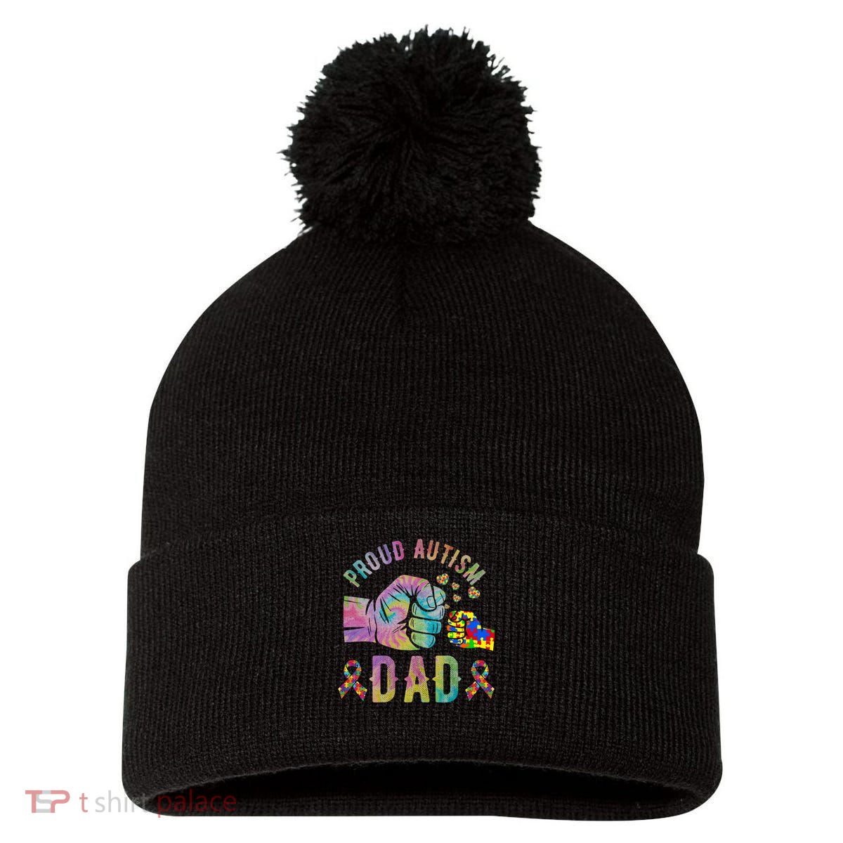 Proud Autism Dad Autism Awareness Tie Dye Matching Pom Pom 12in Knit Beanie