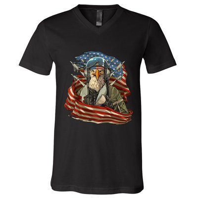Patriotic American Eagle Fighter Pilot 4th Of July V-Neck T-Shirt