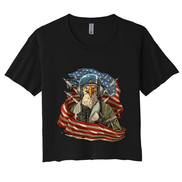 Patriotic American Eagle Fighter Pilot 4th Of July Crop Top