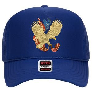 Patriotic American Eagle And United States Flag High Crown Mesh Back Trucker Hat