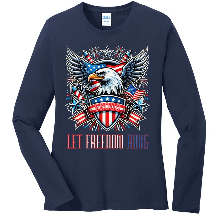 Proud American Eagle Let Freedom Ring Patriotic Design Ladies Long Sleeve Shirt