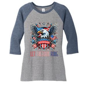 Proud American Eagle Let Freedom Ring Patriotic Design Women's Tri-Blend 3/4-Sleeve Raglan Shirt