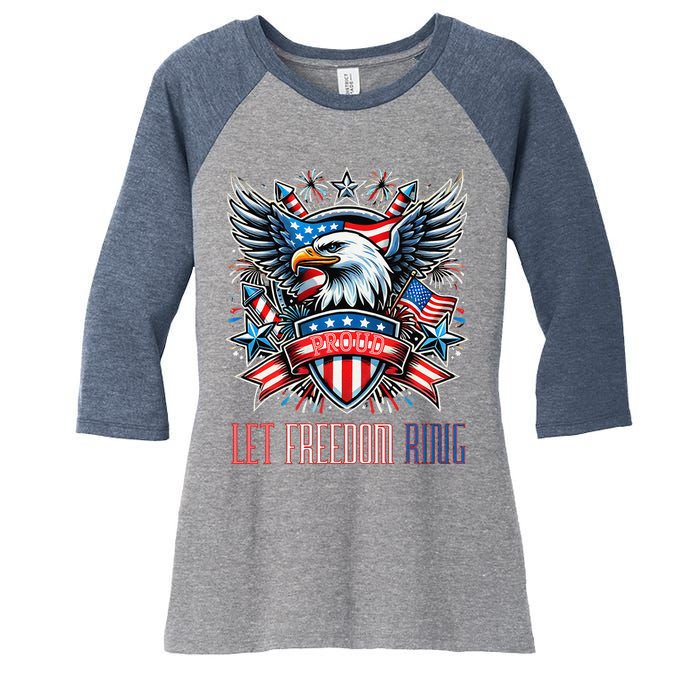 Proud American Eagle Let Freedom Ring Patriotic Design Women's Tri-Blend 3/4-Sleeve Raglan Shirt