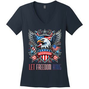 Proud American Eagle Let Freedom Ring Patriotic Design Women's V-Neck T-Shirt