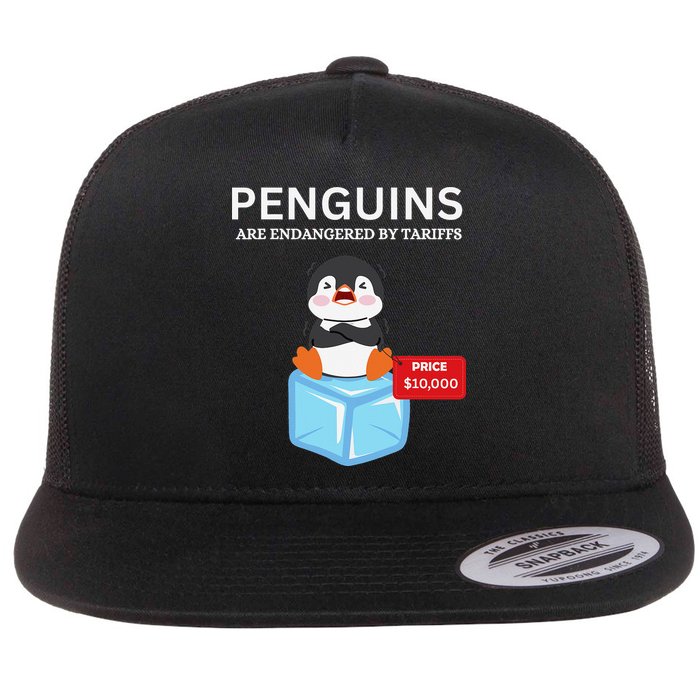 Penguins Are Endangered By Tariffs Funny Penguin Flat Bill Trucker Hat