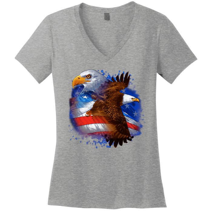 Patriotic American Eagle USA Flag Women's V-Neck T-Shirt