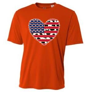 Patriotic American Flag Heart Cow Print 4th Of July Usa Gift Cooling Performance Crew T-Shirt