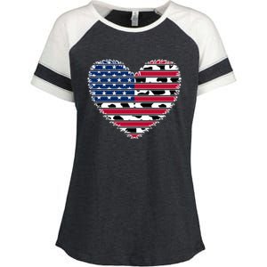 Patriotic American Flag Heart Cow Print 4th Of July Usa Gift Enza Ladies Jersey Colorblock Tee