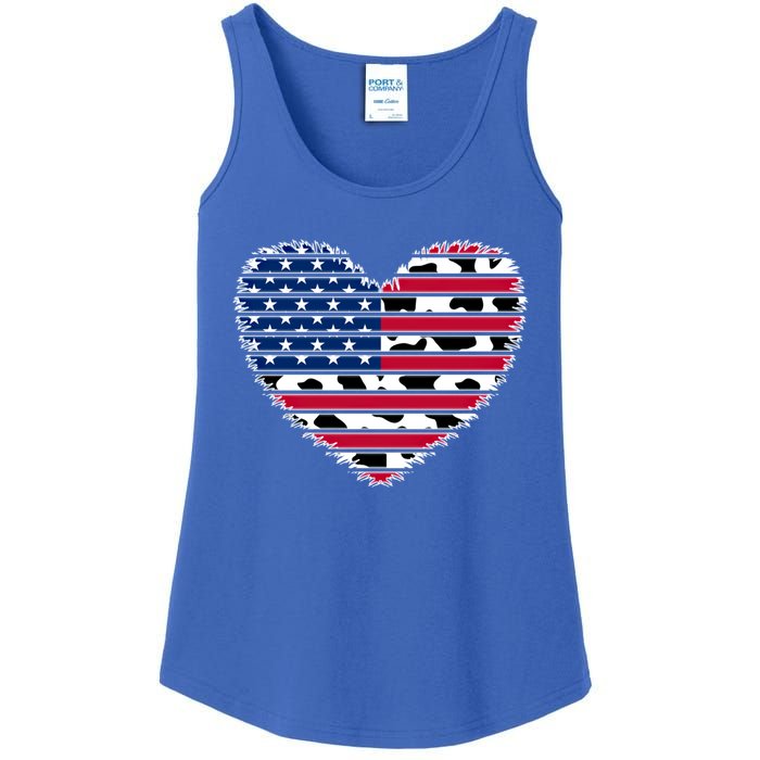 Patriotic American Flag Heart Cow Print 4th Of July Usa Gift Ladies Essential Tank