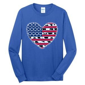 Patriotic American Flag Heart Cow Print 4th Of July Usa Gift Tall Long Sleeve T-Shirt