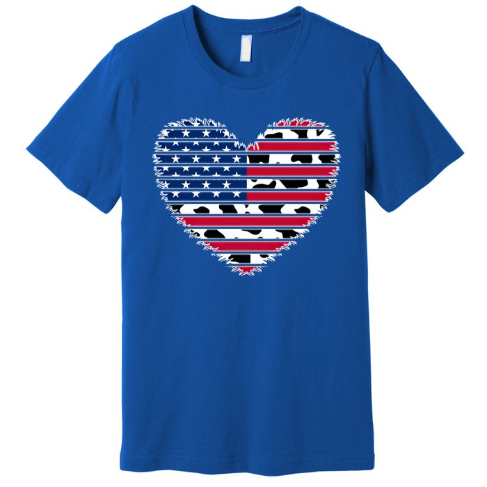 Patriotic American Flag Heart Cow Print 4th Of July Usa Gift Premium T-Shirt