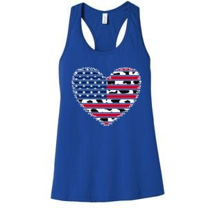 Patriotic American Flag Heart Cow Print 4th Of July Usa Gift Women's Racerback Tank