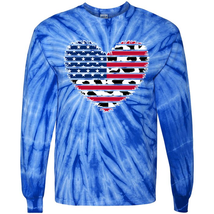 Patriotic American Flag Heart Cow Print 4th Of July Usa Gift Tie-Dye Long Sleeve Shirt