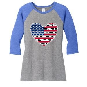 Patriotic American Flag Heart Cow Print 4th Of July Usa Gift Women's Tri-Blend 3/4-Sleeve Raglan Shirt