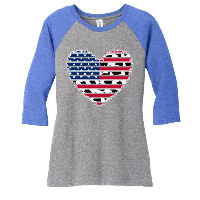 Patriotic American Flag Heart Cow Print 4th Of July Usa Gift Women's Tri-Blend 3/4-Sleeve Raglan Shirt