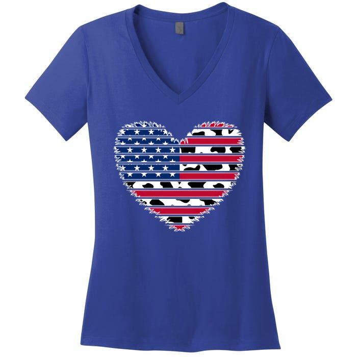 Patriotic American Flag Heart Cow Print 4th Of July Usa Gift Women's V-Neck T-Shirt