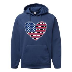 Patriotic American Flag Heart Cow Print 4th Of July Usa Gift Performance Fleece Hoodie