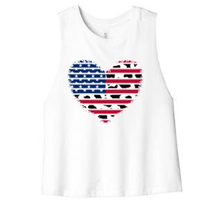 Patriotic American Flag Heart Cow Print 4th Of July Usa Gift Women's Racerback Cropped Tank